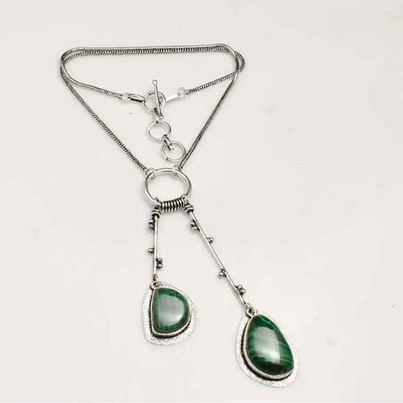 Modern Malachite Solar dangle multi-gem handmade statement Necklace - Picture 3 of 10